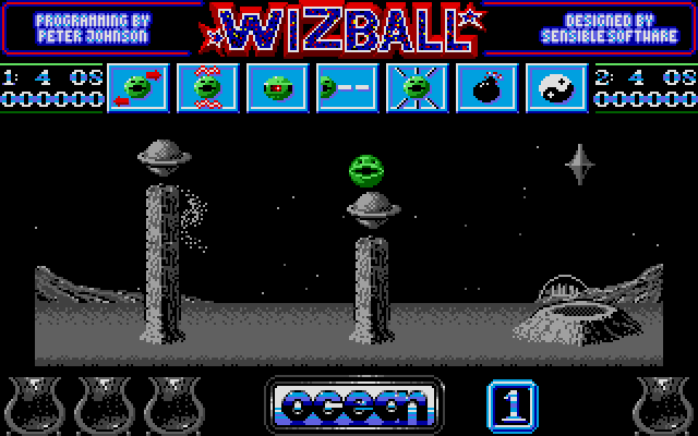 So the game makes an unusual decision to start you off almost completely helpless. The Wizball is the astral form of a powerful wizard, but even wizards have their limitations. For the time being, all I can do is shoot and angle my rotation.