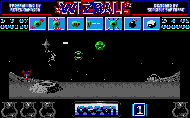 This is more like it. These green spheres are essentially Gradius power-ups, earned from killing most enemy waves and certain singular enemy types, like these mostly harmless DNA helix things. The spheres fill that power-up gauge along the top, and you just waggle the joystick when it stops at the one you want. (The ST joystick only had one button, and in this game that's the fire button.)