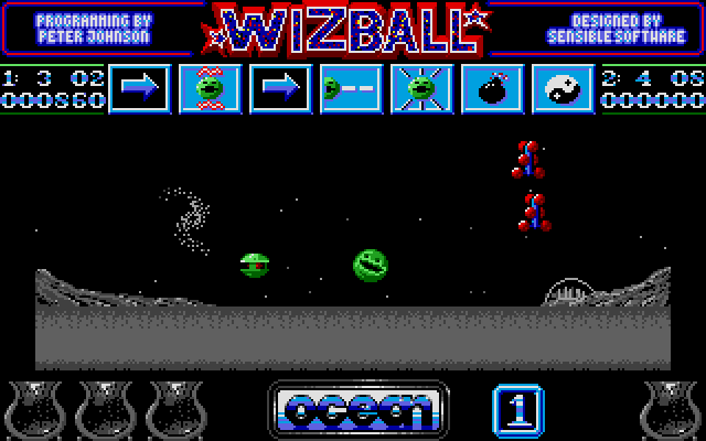 After the two necessary mobility power-ups, I now have full control over the motion of Wizball. No more jumping: I can just direct him in mid-air from here on out. The first thing you need is a Catellite.
