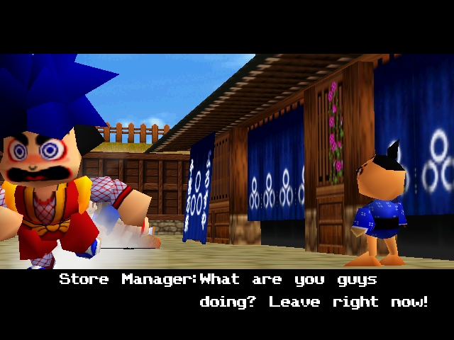 ...Local heroes/criminal elements Goemon and Ebisumaru get thrown out of a general goods store.