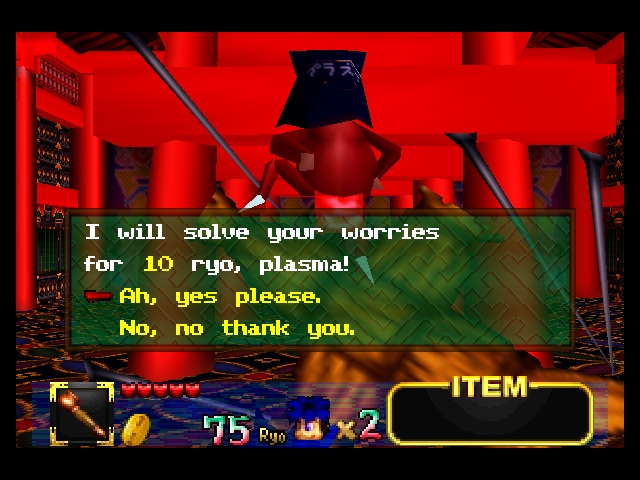 Plasma Man will prognosticate Goemon's path, essentially telling him where to go next. Because the game is an action-adventure, which during that time was an unusual combination, the developers clearly decided that providing a hint system would alleviate the frustration of those who wish to focus on the action parts.