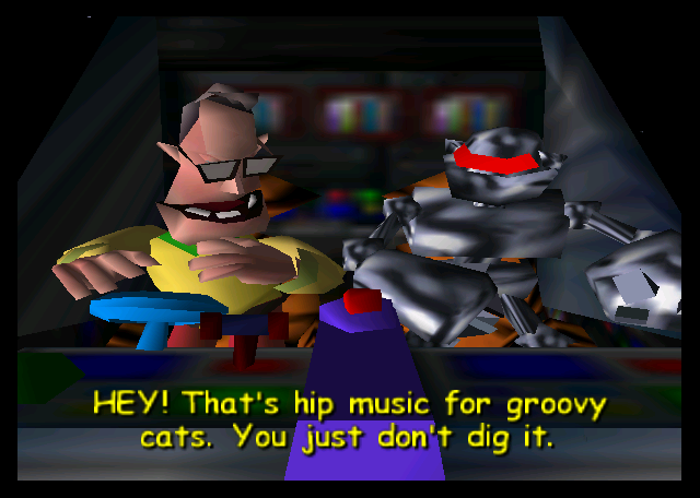 Like any bespectacled Dan, Mr. Danger is very fond of specific types of music and won't tolerate an uppity android changing the radio station. One assumes this hip music for groovy cats involves fighting or liquor.