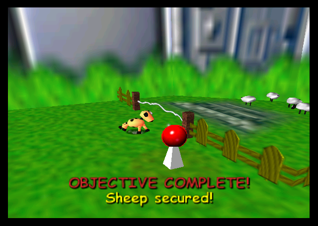 The sheep aren't difficult to round up if you find a dog robot, since they'll automatically run from you, but you can also be a sheep and round them up with your baa!s, which causes them to follow you. Alternatively, you can just kill them all, occupy them and walk them over. The game's fairly good at presenting multiple paths to a solution.