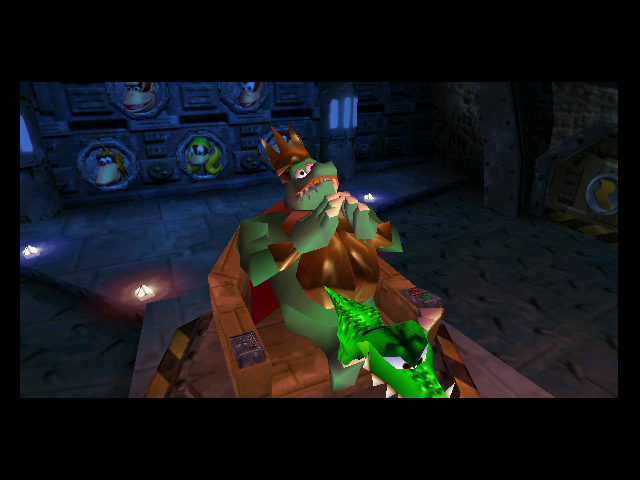 K.Rool's in full Dr. Claw mode in this game, talking ominously about the fate of Donkey Kong and his flea-bitten monkeys (a phrase also uttered by Cranky Kong, which makes me wonder if they shouldn't invest in some collars). It's odd to consider that Rare would go back on forth with voice acting for their N64 games: Banjo-Kazooie and Tooie didn't bother, sticking with some bastard Simlish made of two or three noises endlessly repeated, but both DK64 and CBFD did. Goldeneye: Nope, Perfect Dark: Yep.