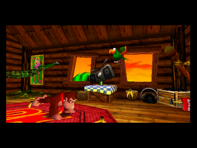 Anyway, DK slept through the whole island dreadnought attack and is soon found by Squawks (or... one of several Squawks. The intro was a little ambiguous as to how many identical green parrots live on this island). The banana hoard is gone and so are DK's four friends, three of which we've never seen before. Clearly quite close, then.
