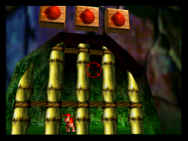 After acquiring some firepower, we discover Diddy Kong is trapped inside a Vietnamese bamboo cage and can only be freed by shooting down targets across the jungle. It's First Blood Part 3: Rhesus Positive.