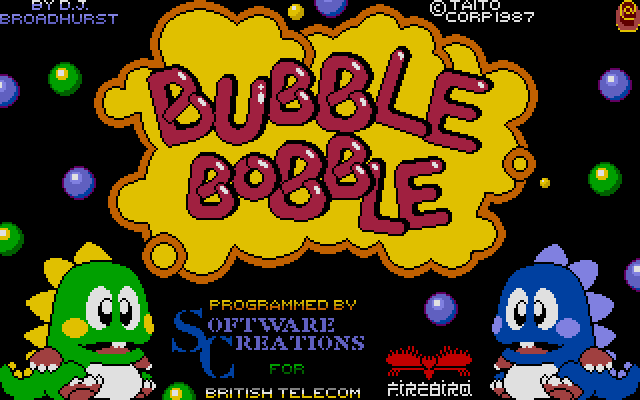 Welcome to Bubble Bobble! Look at those adorable little dinos with their pink, mole-like hands and feet. I almost want to click that @ in the corner to see what would happen.
