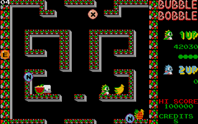 The game features all the usual Bubble Bobble accoutrements: food and snack score items, E.X.T.E.N.D. letter power-ups, angry looking Frankenstein dealies. Those guys are actually called Bonzo in the UK version (in the US, it's Bubble Buster).