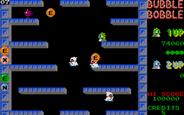 Bubble Bobble also has a hundred different random items that pop up while playing. Most are score items, but there's a few like this lamp that provide a benefit: in this case, eliminating all the enemies on the screen.