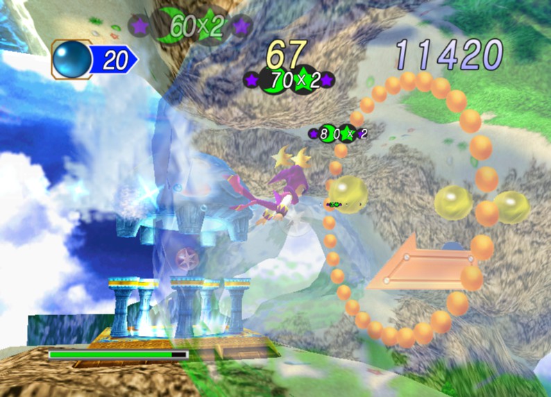 This stage is a lot more interesting than Claris's one. For instance, these water bubbles won't let you move up or down once you've entered one, so you have to pick your trajectory through them carefully.
