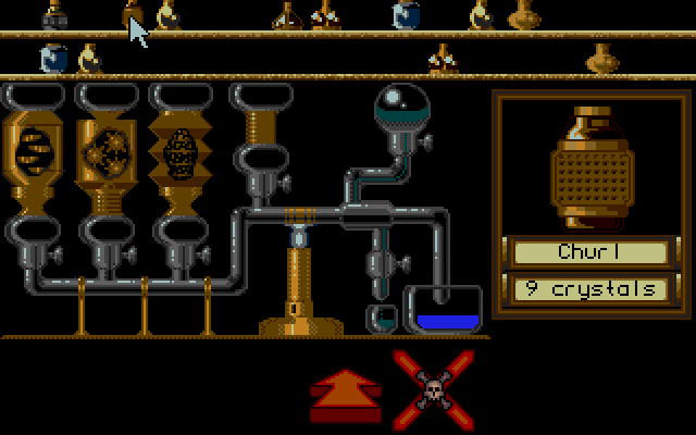 The crystal ball takes you to your laboratory and the game's magic system. It's absurdly complex, but each ingredient performs differently depending on which of those funnels it's sent through (it goes cutting, grinding, mixing, and normal from l-r), the intensity of the heat and that round thing at the top right is the condenser. You aim spells either at yourself, a dragon, an egg being incubated or a village and, again, each reagent will have a different effect, and not necessarily positive. It's an incredibly elaborate set-up, and you need to properly study the game's spellbook manual to make sense of it. It can definitely help.