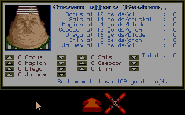 Traders occasionally appear and can be accessed with the door icon on the main menu (when applicable). It's the most reliable way to buy new alchemy ingredients, but it doesn't come cheap. I'd feed Neckrolls the Gouger here to my dragon, except I suspect I'll need to keep on the merchants' good side if I intend to do any magic.