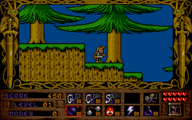 This is Viking Child. A lot of ST games would minimize computing power by filling the screen with distracting HUD nonsense, but it's not quite so bad here. I dunno if we need the little satyr sword things, but they look neat at least. (They also blink, so try not to get weirded out.) Talking of blinking... really, Brian? Right when I was taking the shot? 