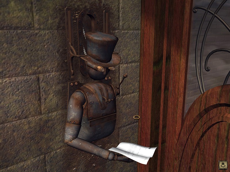 This one wasn't too tricky either, though you don't often think to use notes (which are kept on a separate inventory screen) to solve a puzzle. The automaton reads it, while the notary looks through its eyes with a periscope device. Why not just get a secretary?