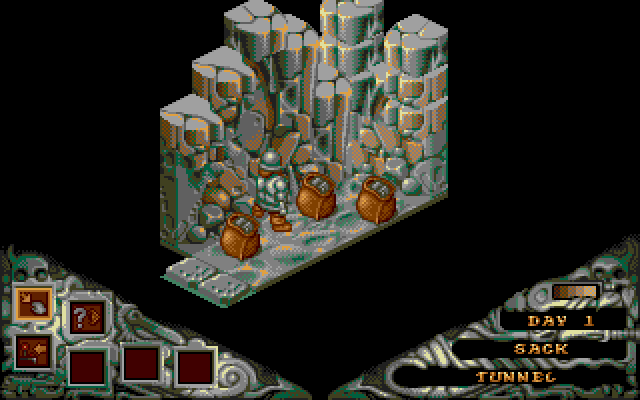 One of Cadaver's classic puzzles is this sack tunnel. There doesn't appear to be anything here and we can't carry these sacks around in our inventory: however, we can push and pull them out of the way to reveal a gem on the ground.