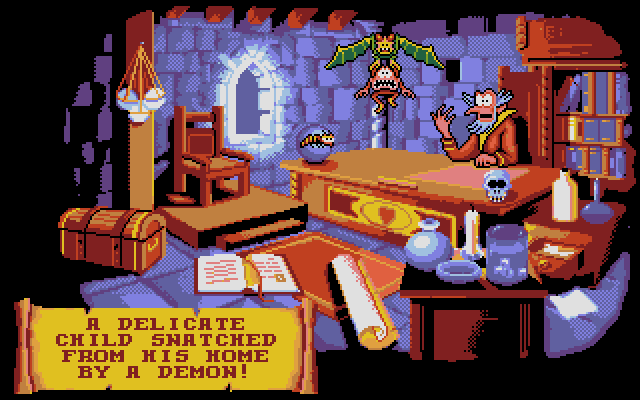 This intro video fills you in on the basic plot details: the King's son is kidnapped by a demon, necessitating the service of a couple of heroic goblins. The wizard narrator guy also gets into a Tomy & Jerry style battle of wits with a bee flying around the room. It's meant to establish both the thin plot and the game's comedic sensibilities going forward, I suspect.