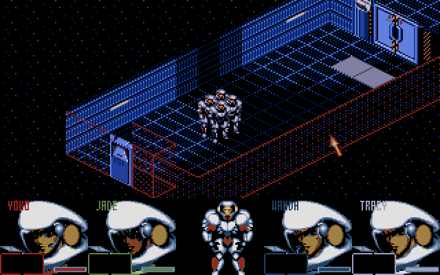 As you can see, it's fairly X-COM-like (which, again, is another 1994 game that came years after this one). The UI is absurd but you get used to it: every type of interaction is dictated by which part of that paper doll in the center bottom is currently highlighted. By highlighting the head, you can read messages and turn a character's headlamp on or off. The left arm is for weapons, the right arm for activating switches or picking up items, the right leg is for walking around and the left leg is for walking around as a group in a pre-determined formation. It all makes sense eventually.