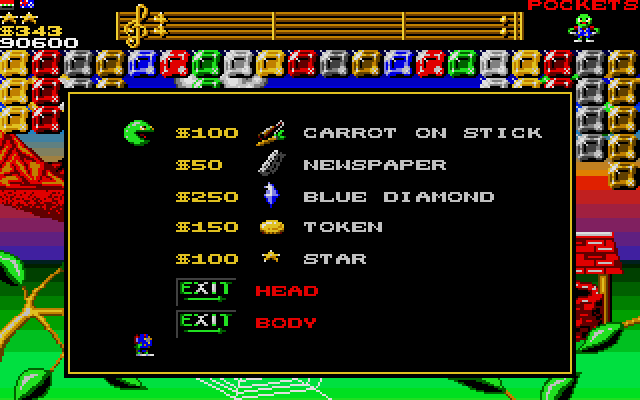 The shop and Wizkid's body. These items all have a purpose - some not quite as useful as others - and there's the option to either leave as a head and continue earning cash playing the Arcade mode, or to leave attached to your body for the game's slightly more inexplicable Adventure mode. (By the way, the stars are health. You start with five and lose them when you bump into enemies. They're fairly cheap here, but will fluctuate in price as the game goes on. You'll also have the chance to buy extra lives later on, which the game chooses to represent as random flags from across the world. I believe right now my extra lives are the flags of Iraq and Australia.)