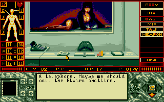 More Elvira shoehorning. I suspect she won't be answering the chatline, given that she's being kept prisoner in Hades somewhere and we already know this. Also, I'm her canonical boyfriend. How much of a creepy fanboy do I need to be?