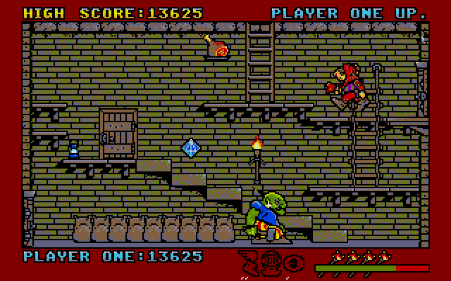 Scattered around are these power-ups. Gems, weapons and musical instruments all go towards one of those power-ups at the bottom of the screen: they become active once you have five of one type of item. Food items, meanwhile, restore your health. That would be the gauge on the bottom right. The jester sticks are lives.