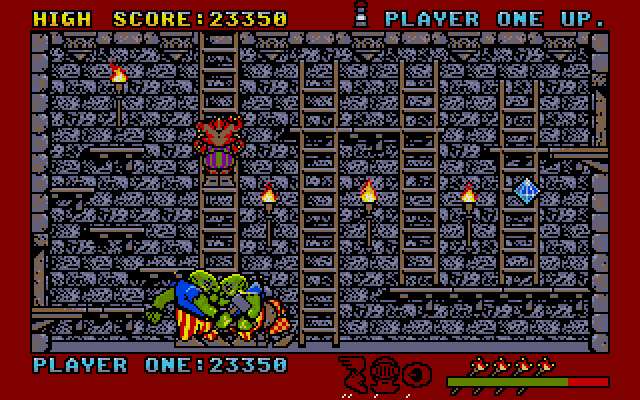 Protip #1 when playing Black Lamp: avoid the floor. Enemies will simply stream in from both sides regardless of how many you kill, so the best tactic is to ignore them and keep moving to avoid damage. Most enemies will simply walk across the bottom of the screen shooting magic at you, hence the relative safety of the ladders and higher platforms. Worse than enemy damage, however, is falling damage; it can be downright fatal if you fall from the top of the screen. This allows the game to create its difficulty not from its endless foe spawns, which are a persistent and ubiquitous but comparatively minor menace, but from carelessness when traversing the screens because of being too hurried.