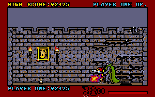This seven foot knight ends poor Jack's life, but I had a good run. Never expect to beat this game the first few times you play it: beyond getting the jumping right, there's also an element of luck involved in getting the right power-ups at the right time, not getting sidewinded by the dragon and finding the right lamps within reach. If one particular colored lamp eludes you, you can always go find another dragon: black lamps also act as wild cards.