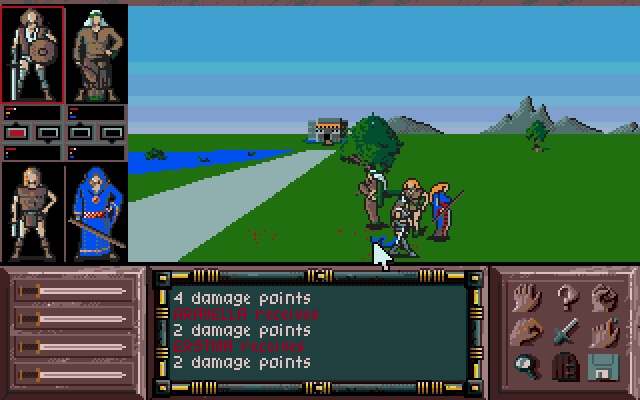 The game is all in real-time. That doesn't just refer to the combat, but to everything. The game has an internal timer that regulates a gradual day/night cycle (still fairly unusual in 1989). It also means that if you stand out in the open with your party for long enough, enemies start showing up to fight you. You'll also meet them roaming around too. Combat in the game is automatic: you simply have to click the sword icon on the bottom right and everyone fights hostiles in the vicinity. They default attack with their readied weapons, but you can switch the magic-users to spells.