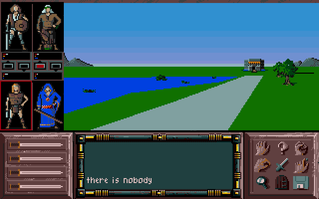 Anyway, by hitting the Enter key, the team returns (oh I get it) to the bottom of the screen and you can move around a fully 3D landscape as a team. Roads are the best bet, since enemy encounters are low and they all tend to lead to important places. Water is a bad idea, since your adventurers sink like rocks and will be dead in seconds if you don't move away.