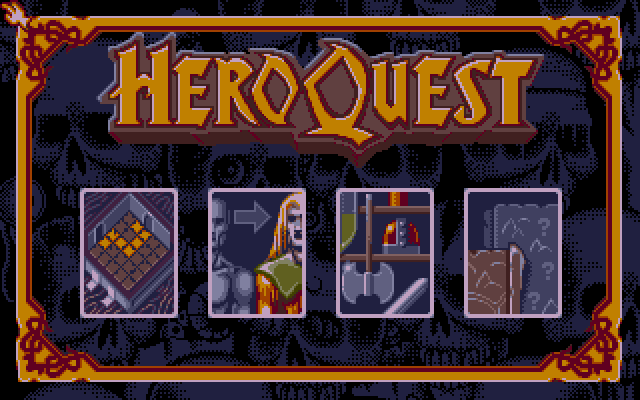 Here's the preparation menu, and it's startlingly similar to the Space Crusade preparation menu. We have, from left to right: start new quest, select/configure heroes, buy new equipment and access quests from the bonus mission pack disk, sold separately.