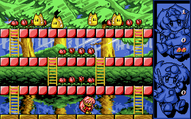 This is Rodland. It looks more like Parasol Stars than Bubble Bobble, but the principle's the same: run around collecting score items while eliminating enemies and avoiding getting trapped. 