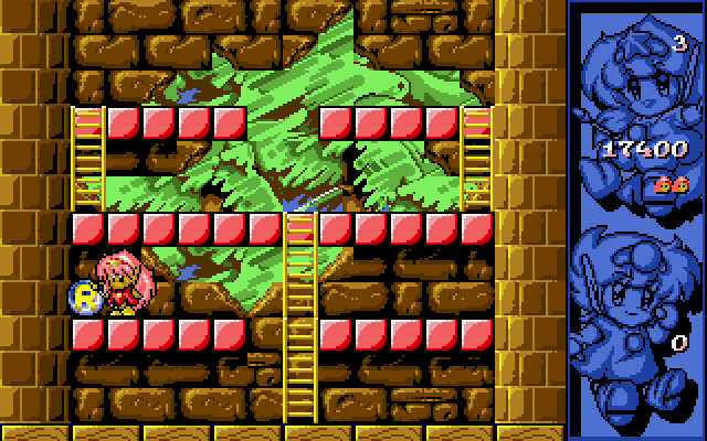 I somehow managed to avoid it with every screenshot, but there's a second use of the magic wands: the power to create ladders. If the player holds up or down instead of left or right when firing, they'll create a special red ladder that disappears when the power is used again elsewhere. It helps with platforms like the above that aren't linked to the pre-existing yellow ladders, though you can always fall down from above to reach them. Enemies will use the ladders you make too, though.