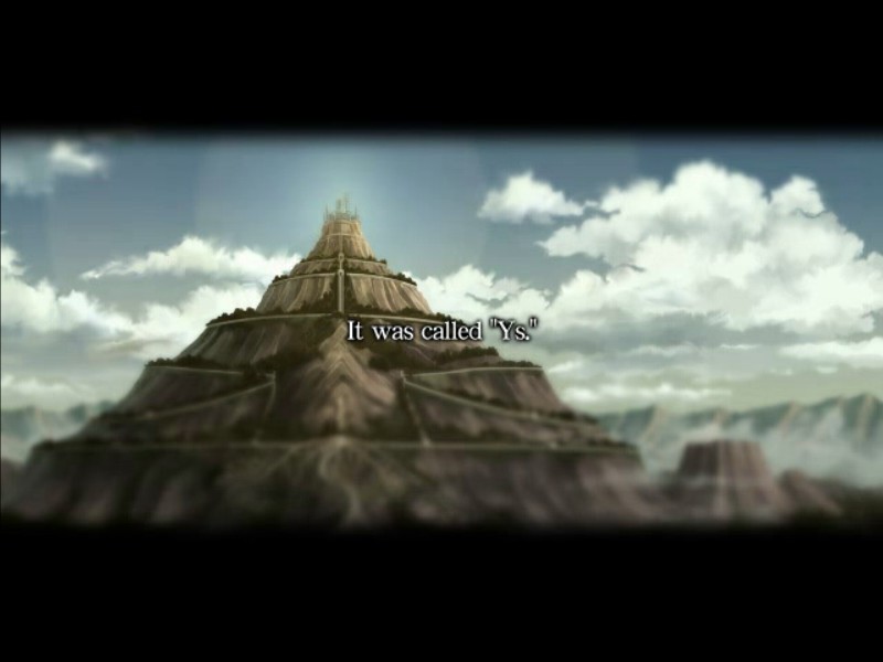 The intro does some interesting things with perspective blur, focusing on the peak of Ys. Ys, just like the real-life mythical country, was one of those enlightened ancient civilizations that saw its encroaching destruction from the forces of chaos and decided to peace out by lifting its whole landmass into the sky, leaving an empty crater behind.