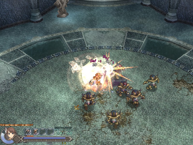 A little busy here, but you can see the mouse cursor around the bottom left of the mass of bodies. Attacks are instantaneous and can be combo'd, but you're as likely to get knocked out of it if you just go in swinging. Still, though, there's no cooldown or anything to slow down your regular attacks besides other monsters sneaking up on you, so it's all a matter of spacing with these small fry.
