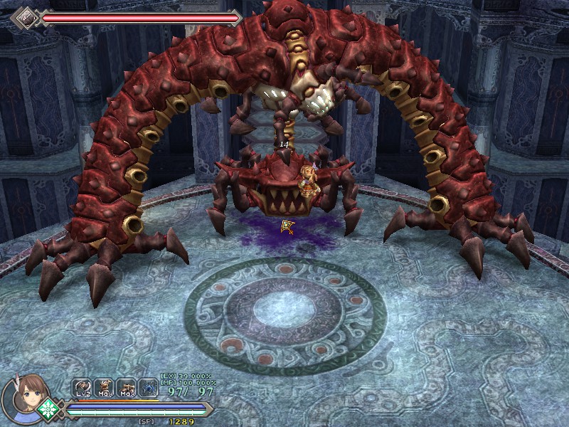 I was too busy avoiding its attacks to screencap them, but the goal here is to hack at the mouth at the bottom of this monstrosity. It does no appreciable damage to the boss health bar (top left), but what it eventually does is stun the creature.