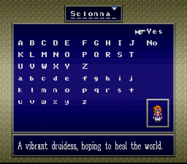 Token lady means I've been stopped dead in my tracks to name everyone after Giant Bomb staff, though she is a DREWidess so I went with a feminine anagram of Drew's surname. Sclonna sort of sounds like Schala, of Chrono Trigger fame, but it also sorta sounds like an unfortunate medical procedure.