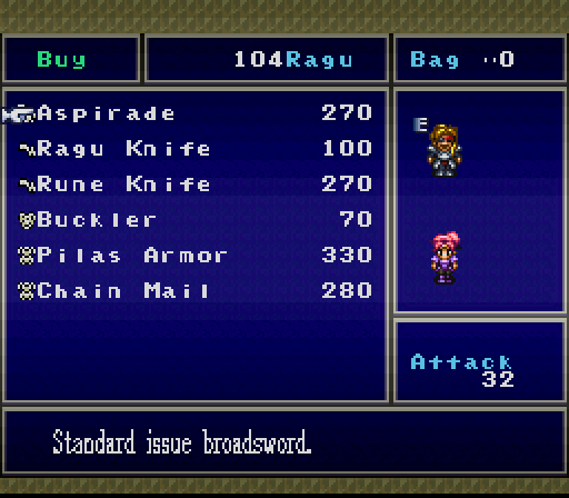 Now that we have access to the stores, we can check to see what looks good for our two-person team. This screen is very much like FFVI's and Chrono Trigger's: characters laugh maniacally if they're allowed to use the presently highlighted equipment. That's reassuring. At any rate, we have most of the best stuff already and can't afford more regardless.