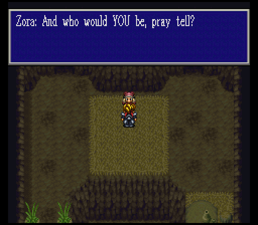 This is the Sage, Zora. Getting some strong Matoya vibes, and not just because she's a hermit witch in a Squaresoft game that took a lot of effort to find. She gives us a few cryptic hints about our missing friends, the missing Captain Taurus (who is the guy who mentored Vbomb,went missing and now I'm hoping to supplant his role with this tournament) and the guy Ture is looking for, an old man named Ramyleth. Zora directs us to the island nation of Ompross and tells us to beat it. You know, as sage hermits tend to do.