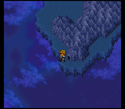 There's two exits to the cave. This one doesn't actually go anywhere - the cliffs are too close to the edge, so you can barely move a few squares - but it's another SNES FF trick that this game carries over: you're limited to where you're allowed to save the game, and the world map is one of those places. This, then, is simply a spot to save the game because the developers couldn't be arsed putting in a save point near the train.