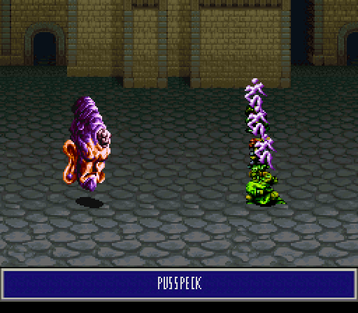 Nah, just kidding, it's another boss fight against a weirdo with a whole bunch of new Mantras. Pusspeck here, which probably isn't the word I'd have gone for if I was localizing the game, drops everyone's magical defense. That makes it harder to survive the other mantras he has, most of which are Wind-elemental. He doesn't appear to have elemental weaknesses, at least nothing I could find, but he doesn't have a whole lot of HP fortunately.