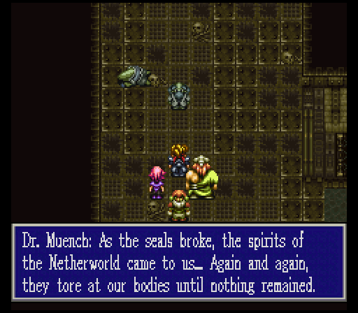 Dr. Muench is, sadly, among the bodies of the scientists down here. Whatever they were working on with the Lago Stone and the Holy Grail, it blew up in their faces. Again, I feel like this is something that another party sees happen in real-time. Muench, however, is not all the way dead...