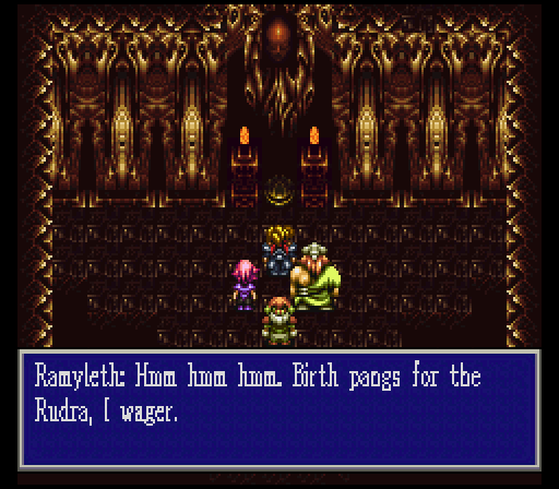 Moving through this final dungeon, which is just as short as all the rest of them, we suddenly hear a cacophony of screams (or as close to it as the SNES sound chip can replicate) and suddenly all the skulls and bodies in the background start moving around. It's a freaky effect.