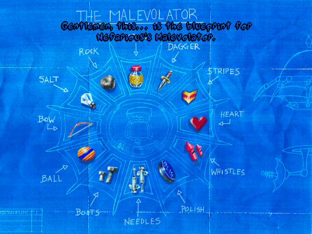 The deal with the Malevolator is that it's comprised of these twelve parts, and in order to undo the damage it's causing to this world, we have to create its opposite equal: the Cutifier. That means finding the opposing partners of all these items. Fortunately, that's an easy enough bit of wordplay: (Cloak and) Dagger, (Spots and) Stripes, Heart (and Soul), (Bells and) Whistles, (Spit and) Polish, (Pins and) Needles, (Nuts and) Bolts, Ball (and Chain), Bow (and Arrow?), Salt (and Pepper), Rock (and Roll?). Finding all these items will be the tricky part.
