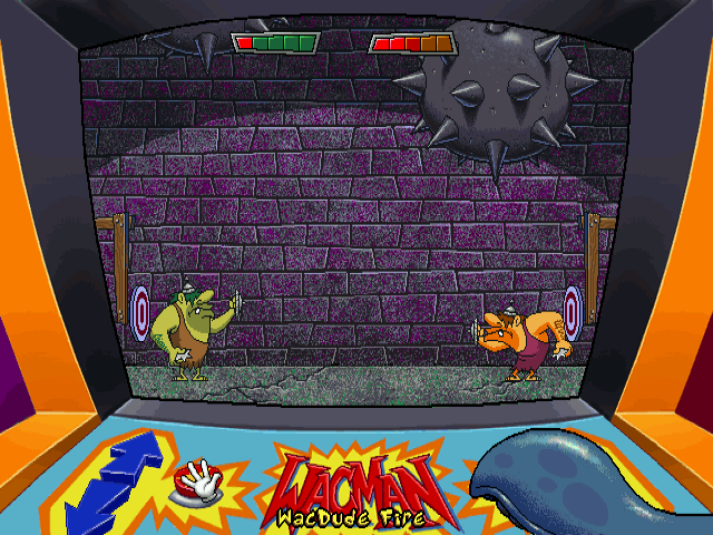 This is a ridiculously easy game to win, but for the fact you have to input your controls via the mouse cursor and those buttons along the bottom. By hitting the opponent enough times, you'll eventually kill them, which counts as a win. You can also throw your projectiles past them to hit the target, which eventually lowers a giant spiked ball and also leads to a win. It's still a matter of timing, but I wonder if there's a way to out-cheat the cheating proprietor somehow if I wasn't up to the task.