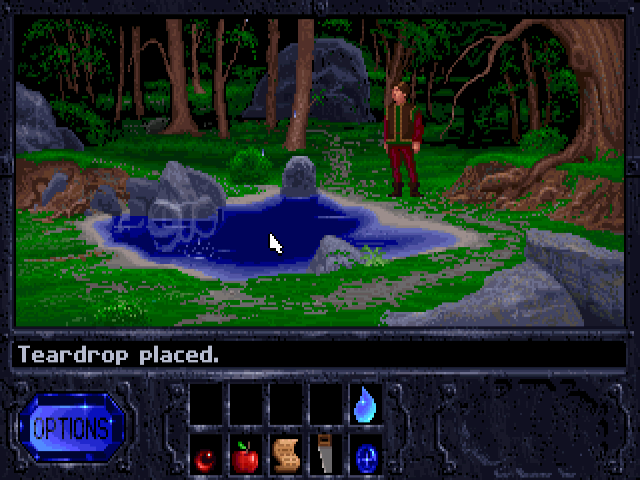 Taking a few paces around, it's evident that the game has a touch of the King's Quest in its level design too. That is to say, a majority of the screens have no hotspots whatsoever, and just exist to make the world feel bigger than it actually is. This pond is an exception: by capturing one of the teardrops, we can heal a sick tree a few screens away.