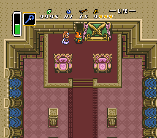 I should point out here, as I make my escape with a disappointingly Zelda-looking Zelda (I was hoping for Arlene in Zelda's clothes), that the game doesn't have any 'cutscenes' or compulsory dialogue. This is due to the randomizer being primarily built for speedrunners and/or people who know this game back-to-front already. It does mean that it's slightly harder to figure your way around if you're coming to the game after an extended amount of time - recalling that the secret passage to the Castle Sewers is behind this ornamental fixture is an enduring memory, but there's a lot of stuff I won't remember quite as clearly.