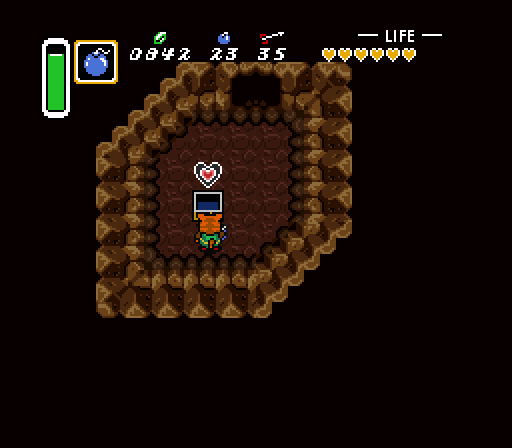 In the desert, I find another secret cave with a heart piece inside. This was probably a heart piece to begin with though. That brings our current total up to two and overall total up to six.