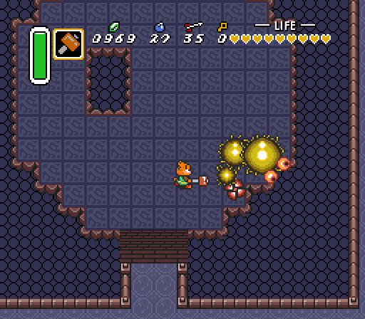 All right, so I guess this is our first boss fight. The biggest danger while fighting Moldorm is getting knocked to the floor below, which resets the boss's health counter. However, I have a couple of unexpected advantages coming into this fight: an absurd amount of health and the Magic Hammer. I just need to hit his tail three times with this thing and it's all over.