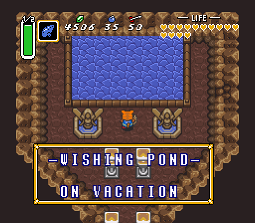 Ah, my plans to toss in a thousand rupees for a dozen items to replace the normal bomb-bag and quiver upgrades is dashed. Unlike the other fairy fountains, there's nothing whatsoever to be gained from Venus's pond in the middle of Lake Hyrule.
