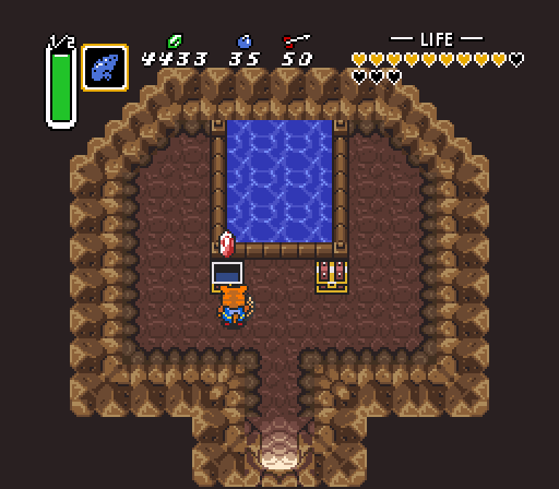 The randomizer kind of breaks kayfabe here with its handling of the Fairy Fountains. The upgraded items are part of the randomizer pool, but it doesn't expect you to throw your boomerang away to get some rupees or a heart piece or whatever comes out the other side, so instead you just get these two chests. They effectively replace the Magic Boomerang upgrade and the Shield upgrade.