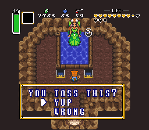 Speaking of bottles, while the Fairy won't upgrade items for you she will still perform her secondary role of giving you free refills of valuable blue potion (replenishes both magic and hearts). If I wasn't drowning in rupees, I might keep that in mind.